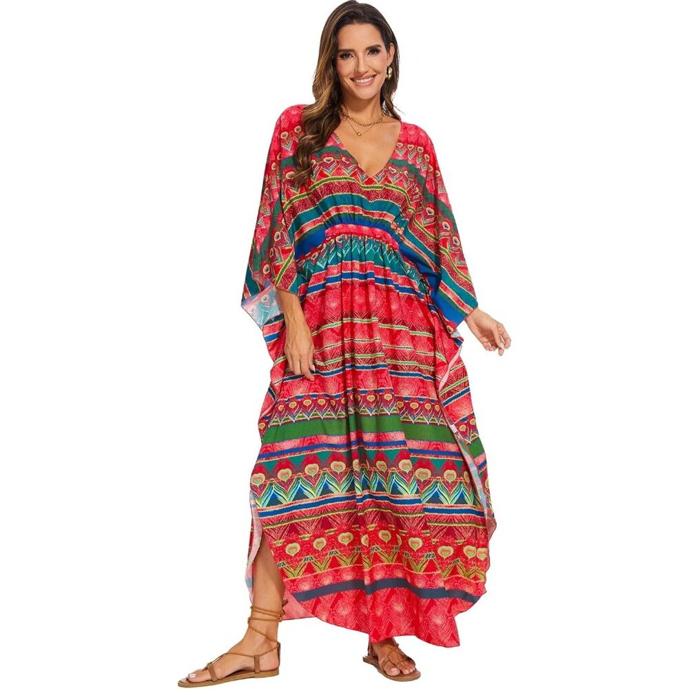 Women's Red Print 100% Polyester V Neck Summer Beach Dresses Cover Caftan Maxi - Picture 1 of 5